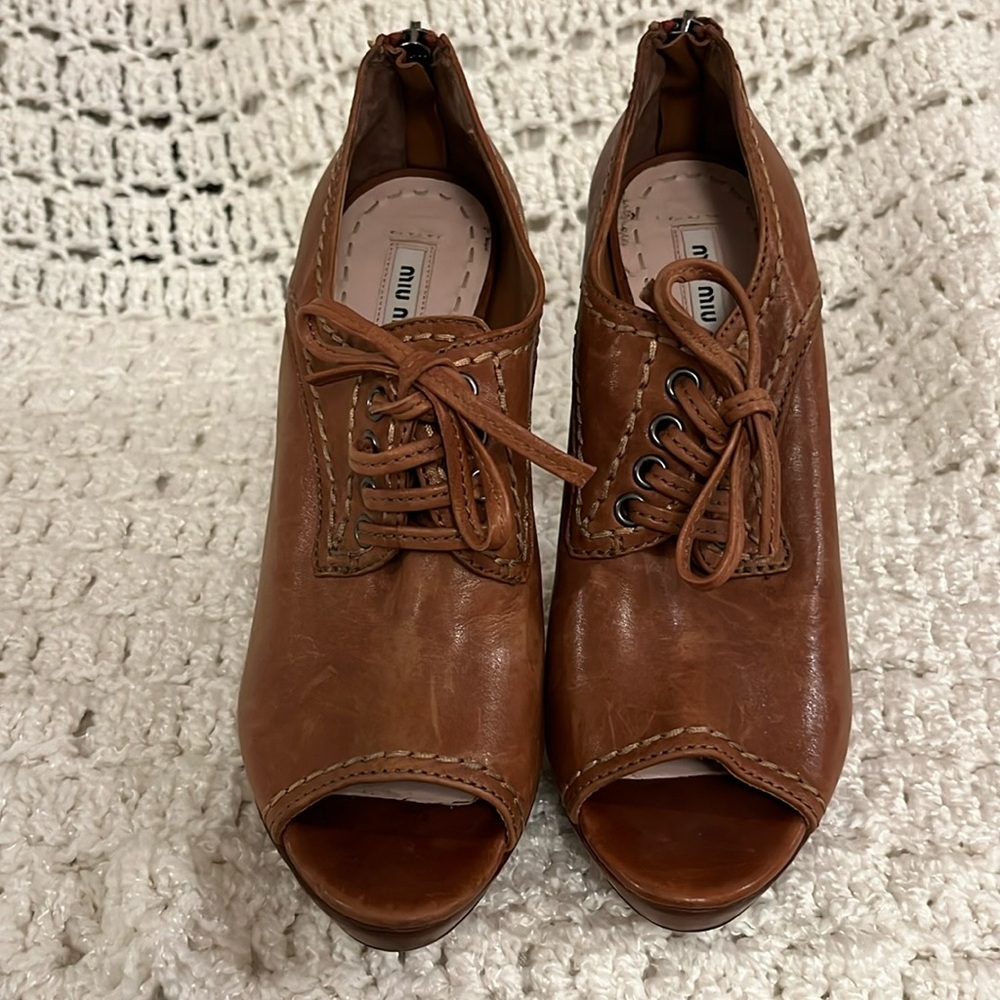 Miu Miu cognac peep toe leather booties